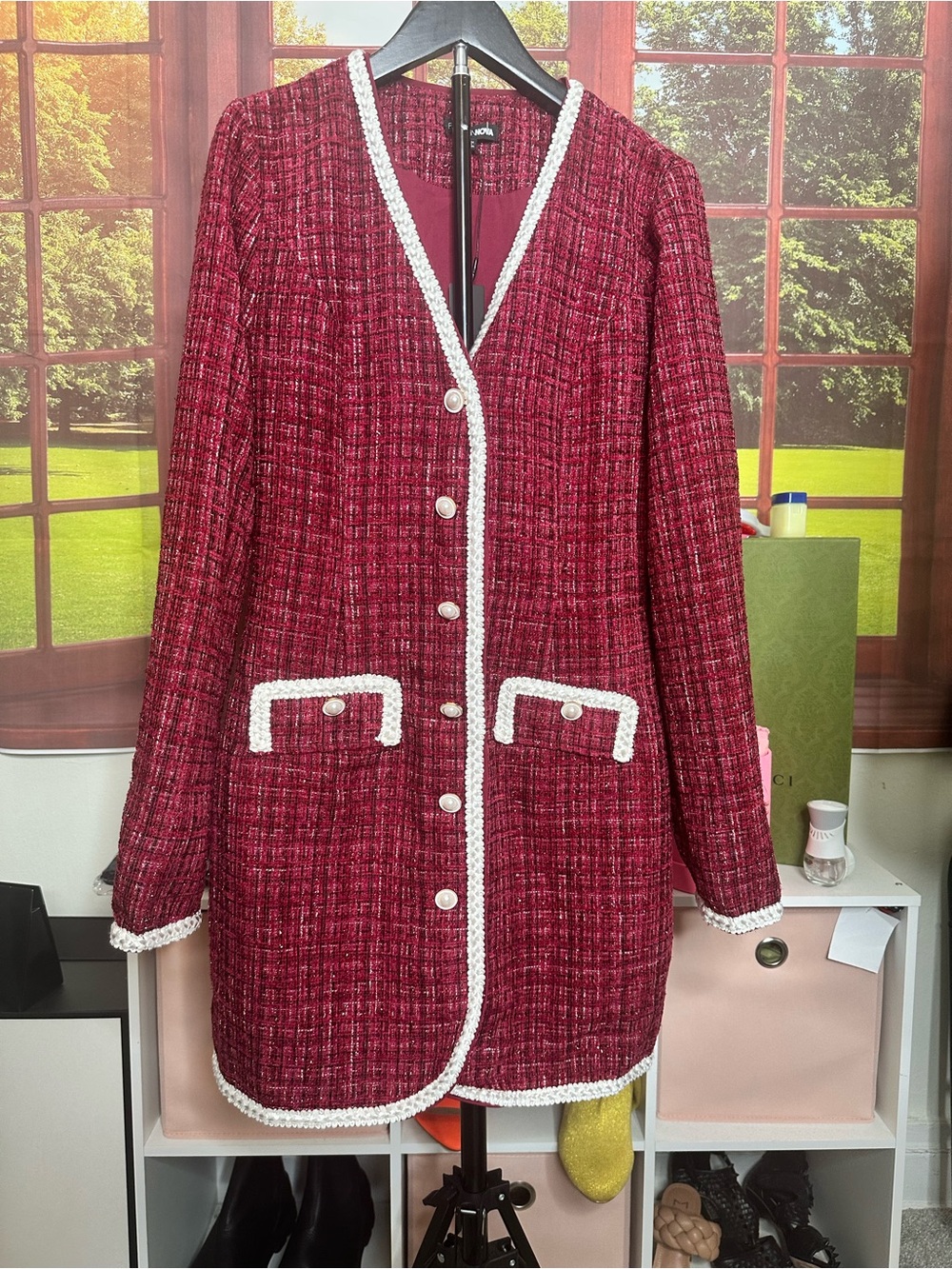 Fashion Nova Burgundy Tweed Longline Blazer with White Trim